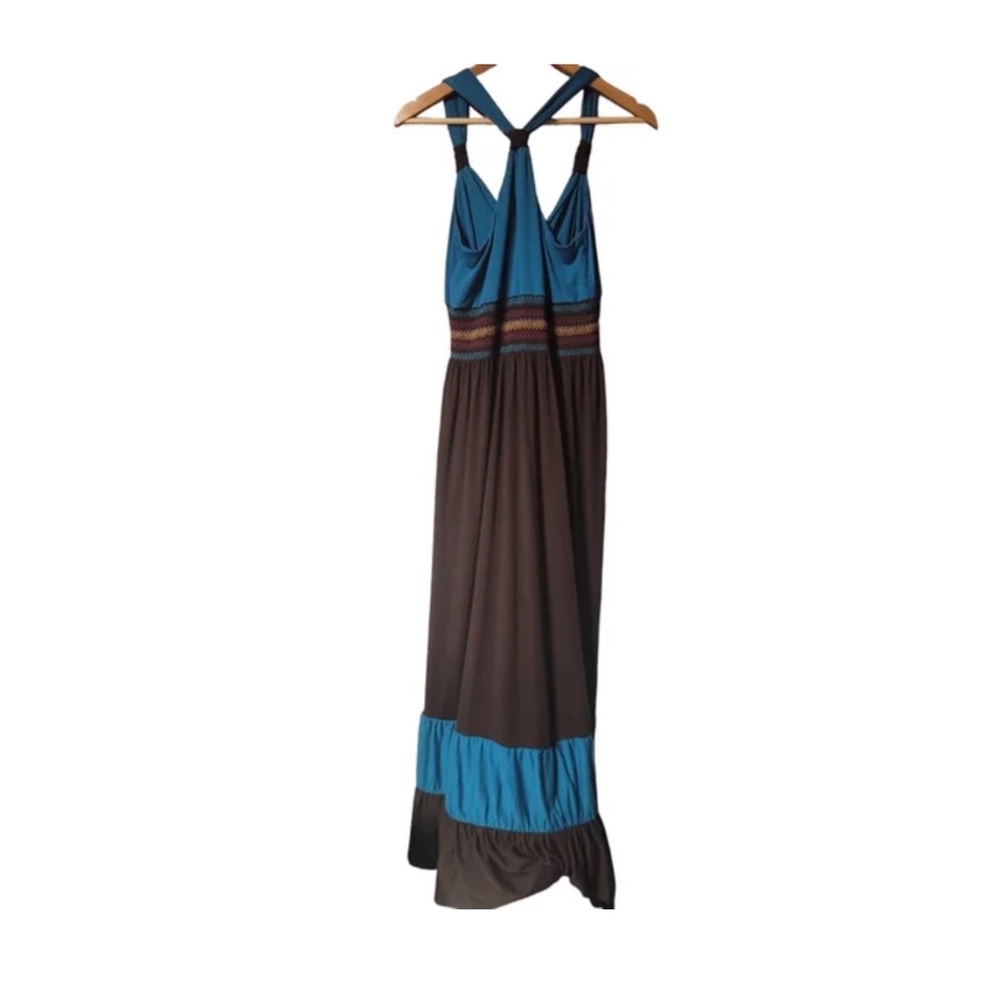 Bailey Blue T-Back Faux Wrap Smocked Embroidered Maxi Dress